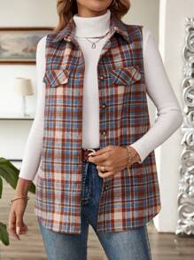 EMERY ROSE Women's Sleeveless Plaid Design Button Pocket Fashionable Woolen - Multicolor - View 4