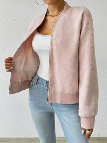 Chiquease 2025 Autumn/Winter Round Neck Zip-Up Loose Fit Casual Baseball Jacket Fall Cloth For Women - Pink - View 4