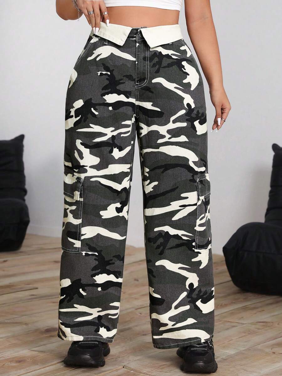 SHEIN ICON 大码女式休闲迷彩印花简约日常牛仔裤 - 彩色 - 查看 1