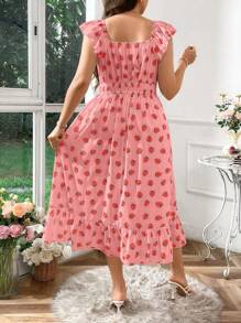SHEIN SunnyBelle Plus Size Square Neck Ruffle Sleeve Strawberry Print Casual Dress - Multicolor - View 2