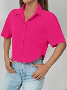 SHEIN LUNE 女士夏季纯色落肩宽松短款休闲衬衫、短袖上衣 - 玫紅色 - 查看 5
