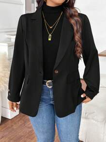 Calvaya Cộng với kích thước cổ áo có nút cài phía trước Áo dài tay công sở thanh lịch - màu đen - Xem 5