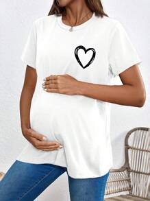SHEIN 孕妇心形印花哺乳 T 恤，休闲短袖哺乳上衣，适合孕妇