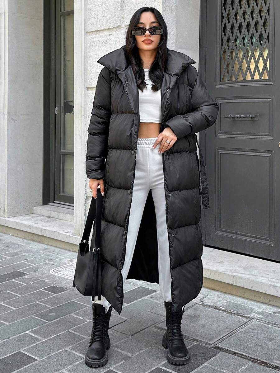 SHEIN Tall Tall Women's Slant Pockets Single Breasted Puffer Coat - Black - View 1