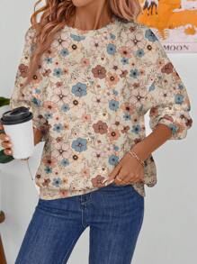 SHEIN LUNE Women's Casual Floral Print Loose Fit Crew Neck Long Sleeve Sweatshirt, Summer