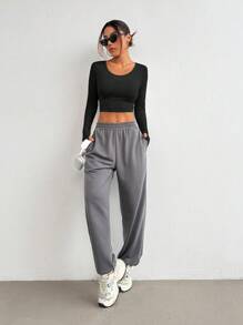 Easithlete Nuevo conjunto de ropa deportiva casual para mujeres, ropa informal con diseño transpirable y cómodo para correr al aire libre, entrenamiento, yoga - Negro - Ver 4
