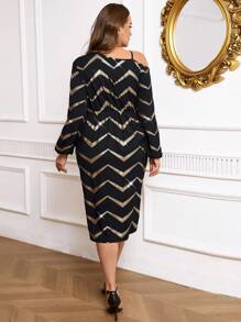 SHEIN Tall CURVE Asymmetrical Shoulder Chain & Twist Open Shoulder Cinched Waist Puff Sleeve Elegant Vintage Foil Print Plus Size Gold And Black Mid-Length Dress, Dress, New Years Dress Women, Sequin, Nye Outfit Women, Black Dress Elegant