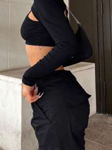 NVFelix New Autumn Clothes Women's Work Pants High-Waisted Straight-Leg Pocket Jeans Solid Color Wide-Leg Back To School Clothes Casual Trousers - 黑色 - 查看 2