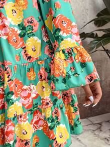 Celure Plus Size Vacation Casual Floral Allover Print Notched Neck Flare Sleeve Dress With Cutout