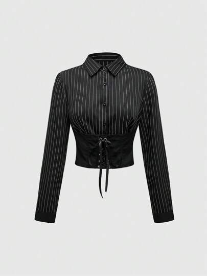 Goth Striped Print Lace-Up Front Vertical Line Fabric Elegant Long Sleeve Shirt