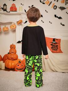 SHEIN Young Boys Halloween Cartoon Pattern Long Sleeve Knitted Sleepwear Set, Flame Retardant, 2pcs Pajama Set (3 Sets Sold Separately, Daddy & Me Matching Outfits)