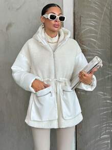 EURMUSE Plus Women's Coat Made Of Fluffy Fabric And Padding With A Fitted Design, Fabric Patchwork, Adjustable Waist, Side Pockets With Zipper, Hood - White - View 7