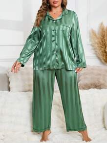 Plus Size Striped Long Sleeve Top And Pants Pajama Set Cozy Outfits, Fall Winter Clothes - Green - View 4
