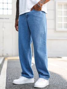 Manfinity Homme Men's Relaxed Fit Solid Color Denim Jeans With Slant Pockets - Blue - View 4
