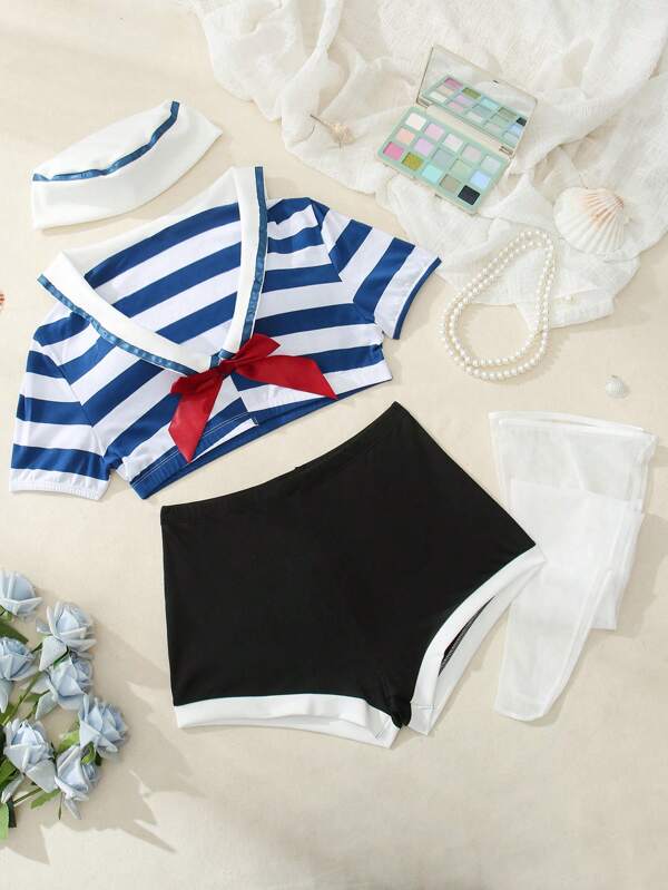 SHEIN Contrast Color Stripe Flight Attendant Costume