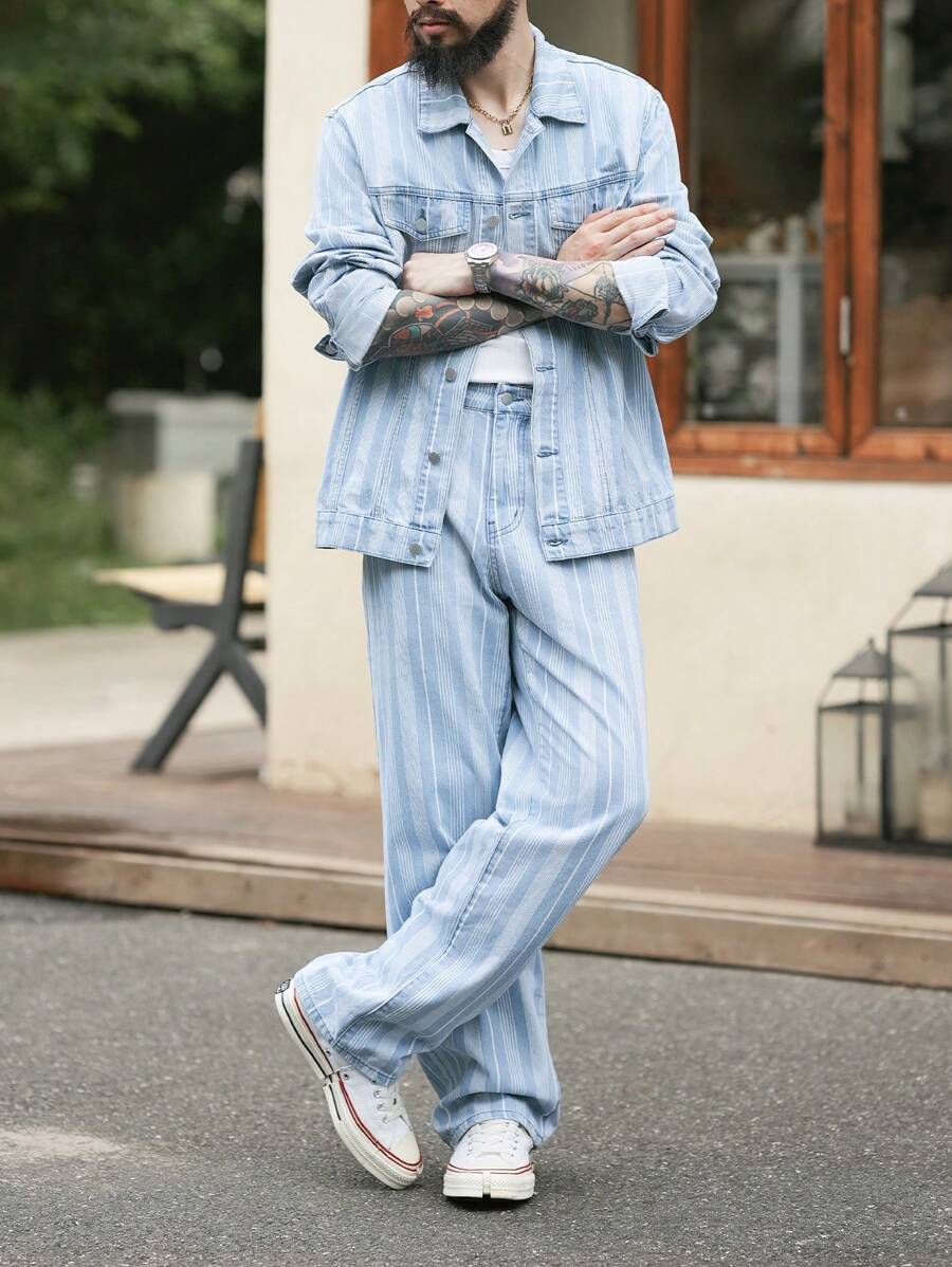 Manfinity Homme Men's Light Grey Vertical Stripe Denim Suit - Light Wash - View 1