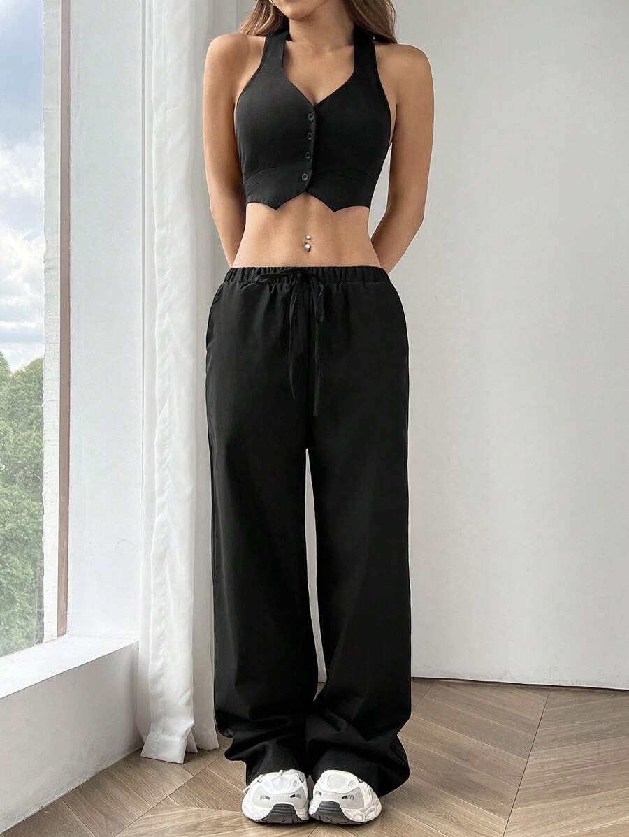 SHEIN EZwear Women's Suit Vest & Straight Pants Set - Black - View 1
