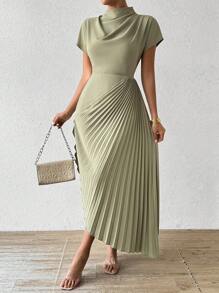 Calvaya Vestido elegante maxi con cuello alto, plisado asimétrico en el bajo para mujer