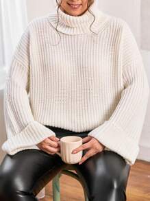 EURMUSE Plus Size Turtleneck Drop Shoulder Sweater, For Winter - White - View 3