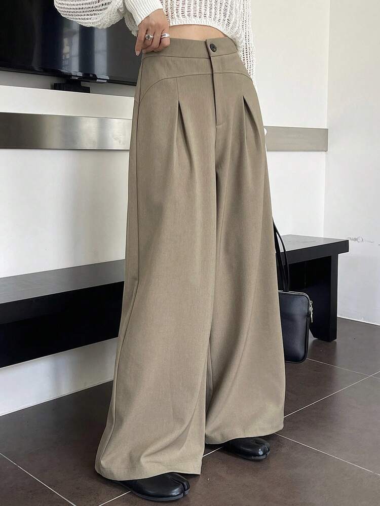 Solid Color Patchwork Pleated Wide Leg Pants For Women