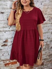 SHEIN LUNE Plus Size Crew Neck Batwing Ruched Ruched Hem Elegant Dress - Burgundy - View 4
