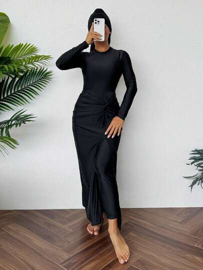 Swim Mulvari 女士纯色圆领长袖上衣、下装和裙子布基尼套装，简约风格，休闲度假夏季阿拉伯服装