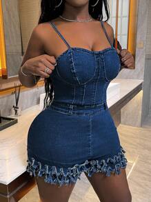 SHEIN Slayr Spaghetti Strap Back Zipper Ruffled Hem Fitted Denim Shorts, Casual Daily - Medium Wash - View 3