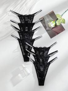 7入組女式無縫內褲(蕾絲拼接T型背心)，多種顏色可選 - 黑色 - 查看 2