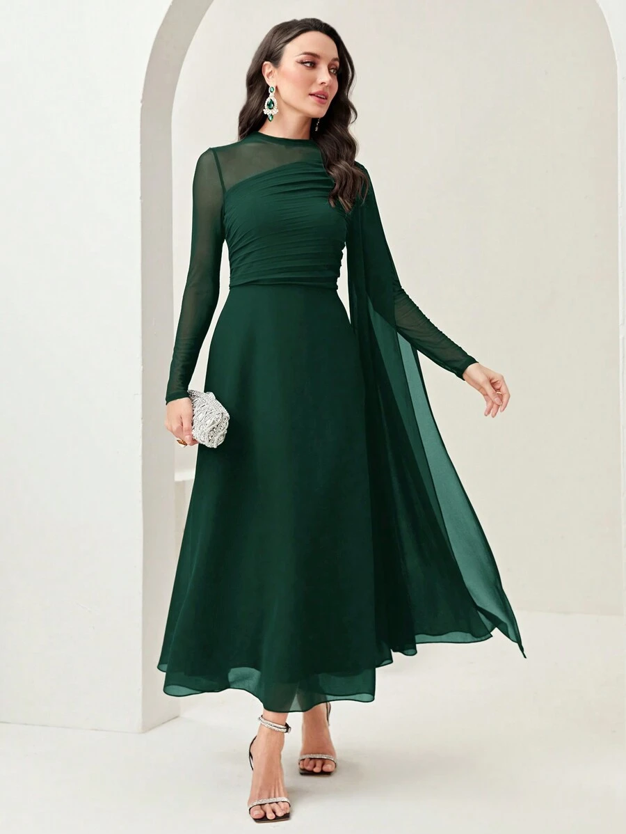 Modelyn 女士纯色圆领薄纱拼接优雅长袖连衣裙长款晚礼服 - 墨綠色 - 查看 1