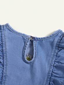 Infant/Toddler Girls' Cute Embroidered Ruffle Shoulder Denim Dress - Light Wash - View 3