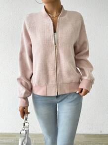 Chiquease 2025 Autumn/Winter Round Neck Zip-Up Loose Fit Casual Baseball Jacket Fall Cloth For Women - Pink - View 3