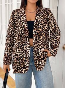 SHEIN EZwear Blazer informal de manga larga con bolsillos y estampado de leopardo para tallas grandes