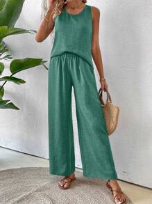 Breezaya 纯色背心和阔腿裤套装，休闲度假装 - 橄欖綠 - 查看 4