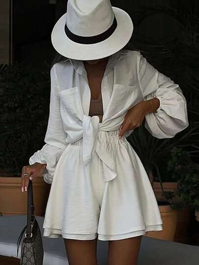 Calvaya Women's Spring/Summer Casual Solid Color Lantern Sleeve Shirt And Shorts Set Fall Cloth For Women