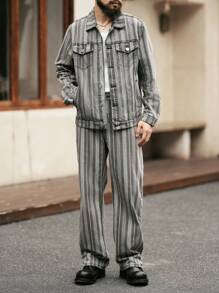 Manfinity Homme Men's Khaki Heavy Dyed Distressed Striped Print Button Front Long Sleeve Jacket And Casual Denim Pants 2-Piece Set - Khaki - View 4