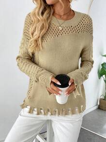 Chiquease Casual Loose Hollow-Out Knitted Sweater Top For Women, Spring Summer, Fall Winter - Camel - View 6