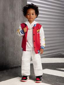 SHEIN 2pcs Young Boys' Fashion Sporty Casual Colorblock Print Baseball Jacket With Vintage Washed Jeans Set, For Sports, Daily Wear, Outdoor, School