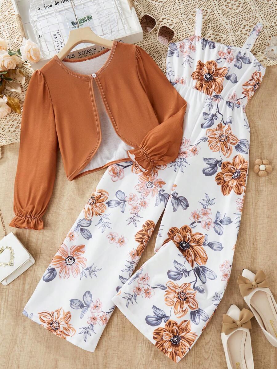 Sparklyn 2 件套 Tween Girl 休闲度假罗纹西装外套和花卉连体裤套装 - 彩色 - 查看 1