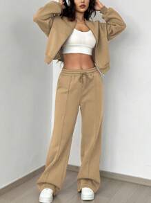 Flirla Women Street Style Camouflage Maple Leaf Print Zipper Sweatshirt & Pants Set For Autumn/Winter - Khaki - View 4