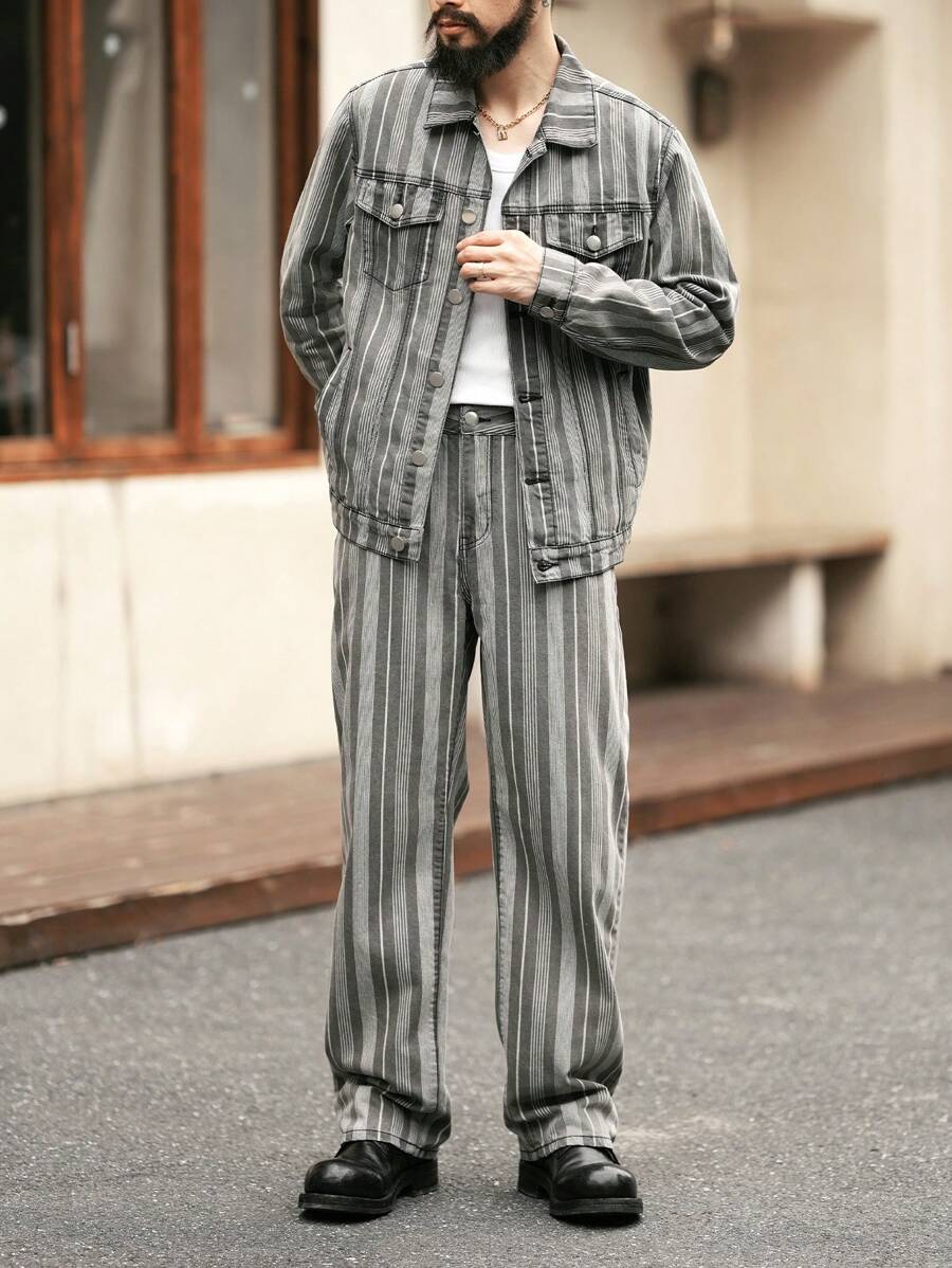 Manfinity Homme Men's Khaki Heavy Dyed Distressed Striped Print Button Front Long Sleeve Jacket And Casual Denim Pants 2-Piece Set - Khaki - View 1