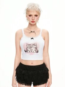 ROMWE Kawaii 女士露背猫咪印花蕾丝边装饰吊带背心 - 白色 - 查看 2