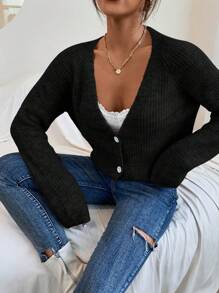 SHEIN LUNE Solid Color Long Sleeve Front Button Casual Black Cardigan - Black - View 6