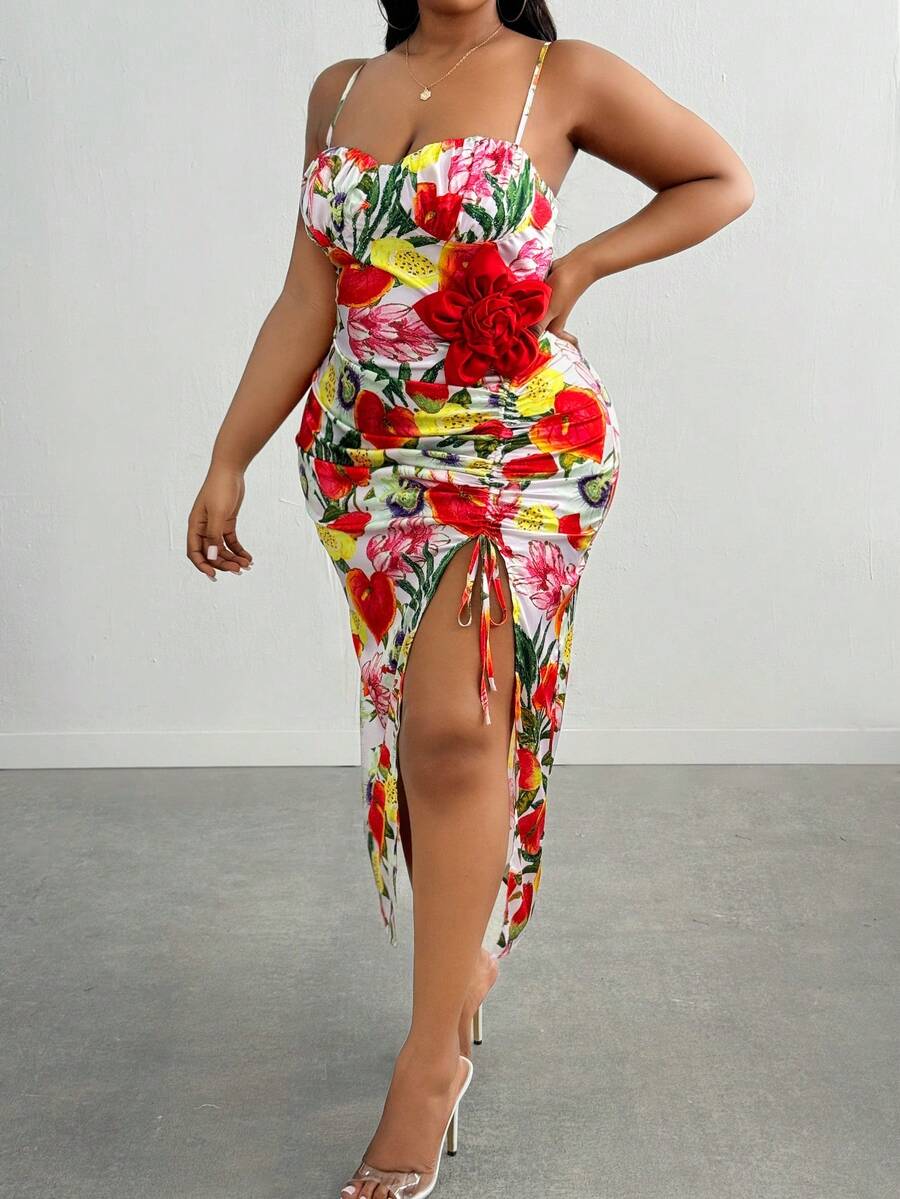 Flora Carnival Plus Size Designer Floral Printed High Split Dress With