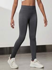 SHEIN Mallas negras elásticas para niñas para deportes, fitness, yoga, suaves y cómodas - Gris Oscuro - Ver 3