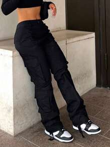 NVFelix New Autumn Clothes Women's Work Pants High-Waisted Straight-Leg Pocket Jeans Solid Color Wide-Leg Back To School Clothes Casual Trousers - 黑色 - 查看 4