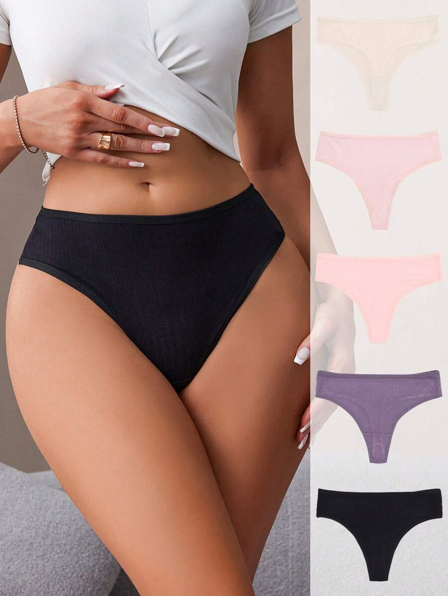 Conjunto de 5 piezas de tanga de punto de unicolor para mujer - Multicolor - Ver 1