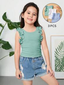 SHEIN 3pcs Young Girl Solid Color Crew Neck Sleeveless Ruffle Trim Fitted Cropped Tank Top Set - Green - View 3