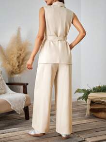 SHEIN LUNE 2pcs Solid Color Sleeveless Blazer & Pocket Pants Khaki Suit Set - Khaki - View 2