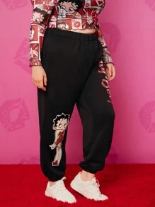 Betty Boop x SHEIN Pantaloni jogging sportivi da donna con grafica di lettere e numeri vintage, stile street sexy Y2K, taglie forti
