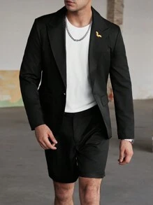 Manfinity Bizformal Traje casual de negocios para hombres con logo de águila bordado en oro, de manga corta y color negro. Conjunto de dos piezas para hombre, ideal para el esposo